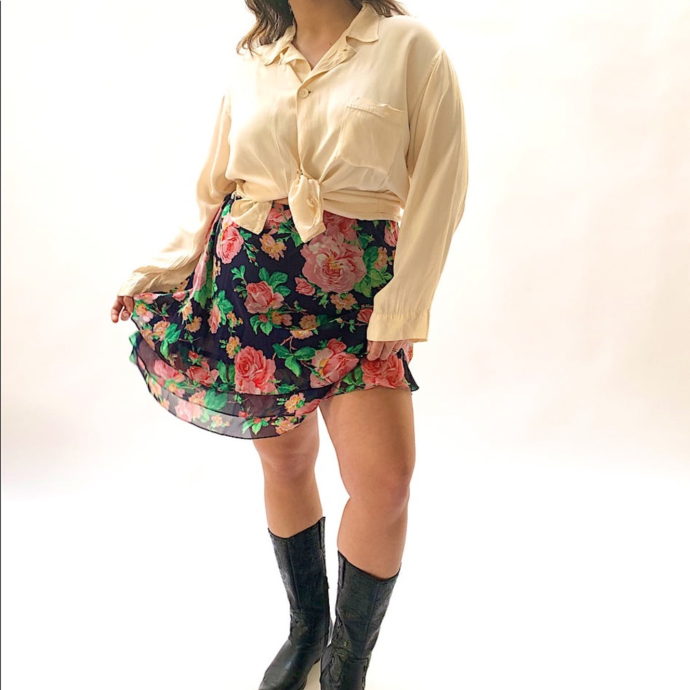 NWT Vintage Ralph Lauren Silk Chiffon Ruffle Floral Mini Skirt